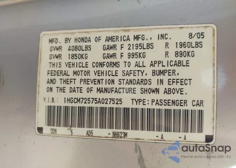 2005 Honda Accord 2.4 Lx Special Edition из США, поврежденный, VIN 1HGCM72575A027525